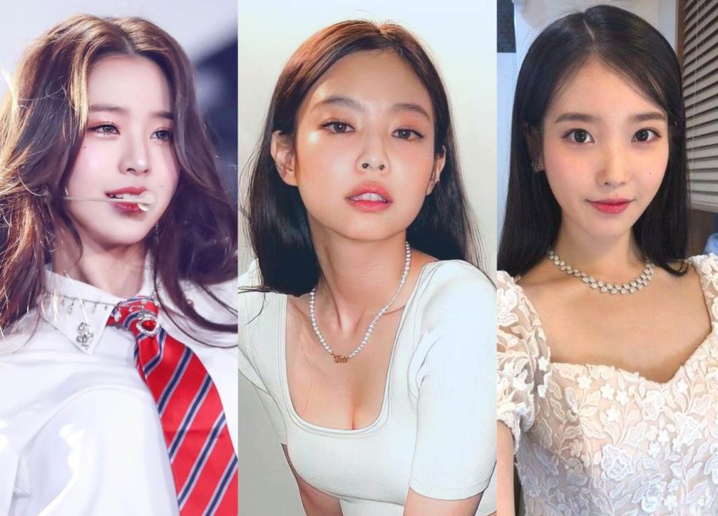 From left to right: Won Young from IVE taken from Motae, Jennie from Black Pink, IU, solo artist